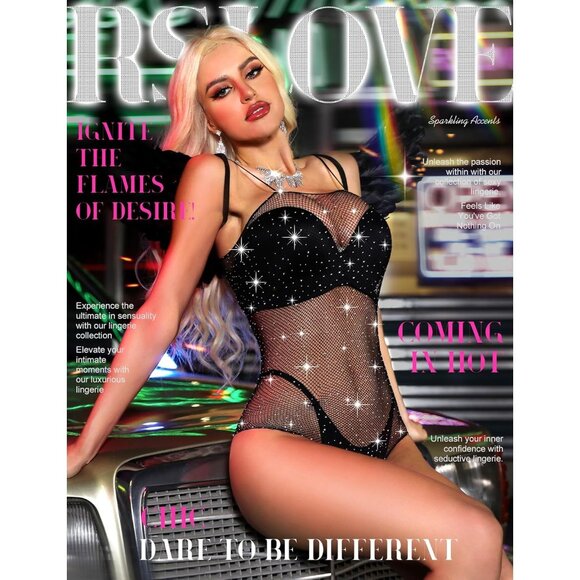Women Black 1 Lingerie Fishnet Teddy Sparkle Rhinestone One Piece Mesh Bodysuit - Picture 2 of 5
